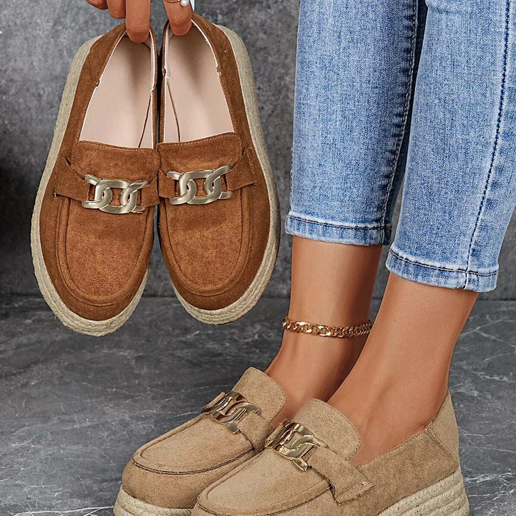 Women’s Round Toe Platform Slip-On Loafers – Suede Flat Shoes | Apricot & Brown