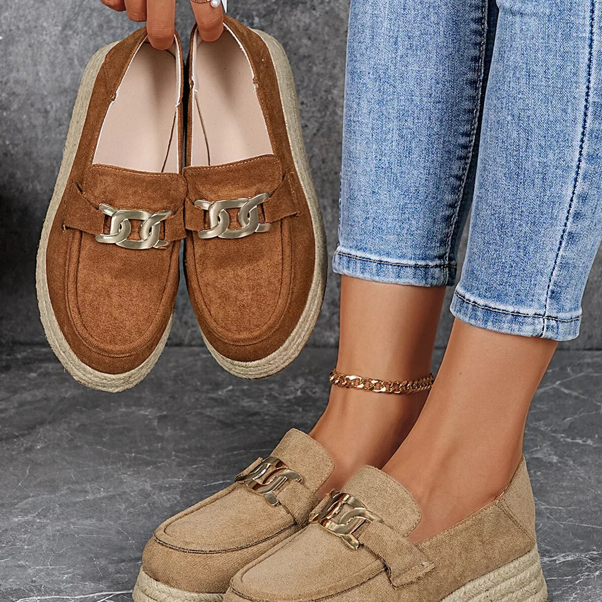 Women’s Round Toe Platform Slip-On Loafers – Suede Flat Shoes | Apricot & Brown