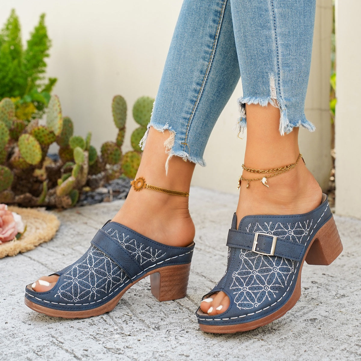 Women's Buckle Decor Block Heel Sandals – PU Leather Mid Heel
