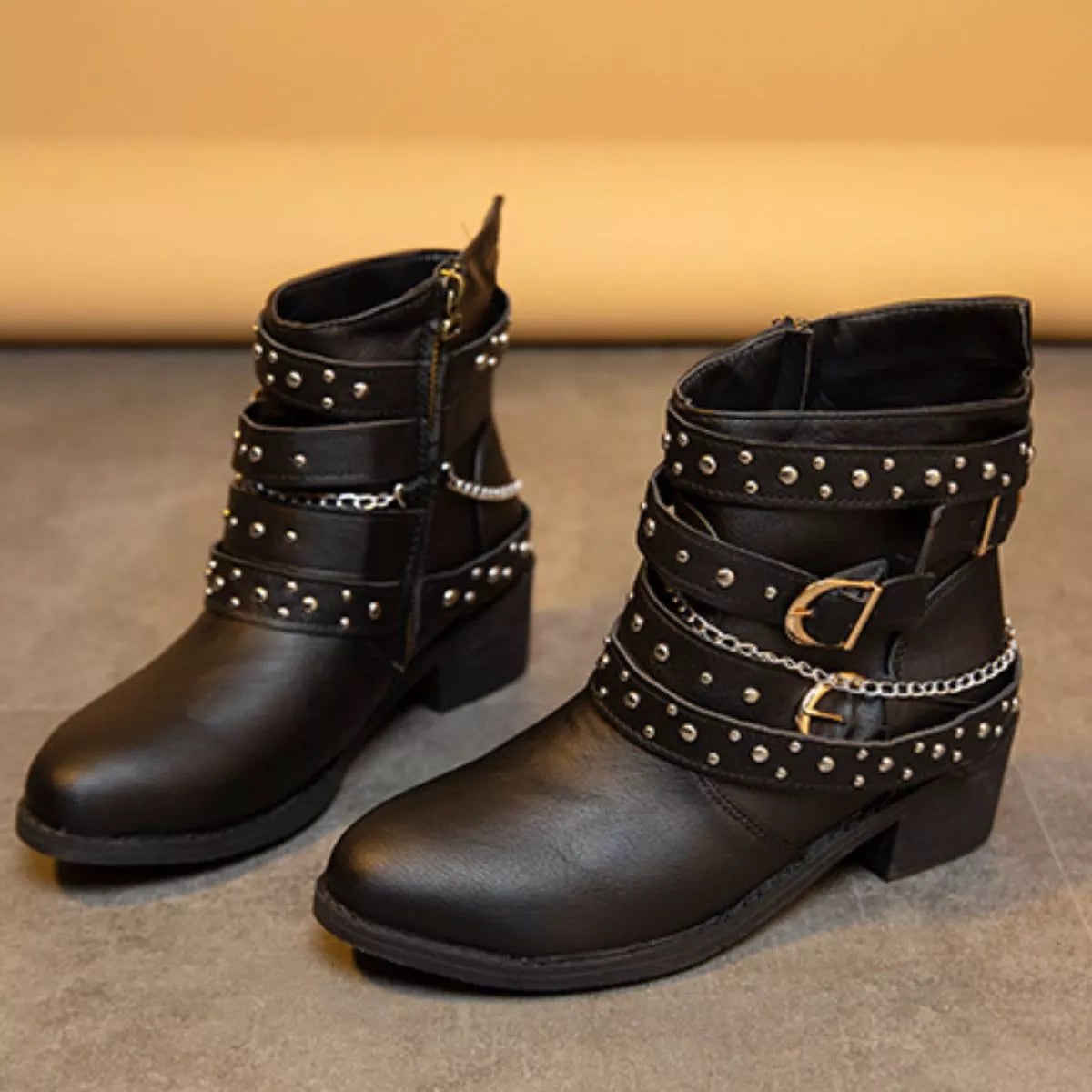 Women's Studded Buckle Ankle Boots – PU Leather Low Heel | 4 Colors