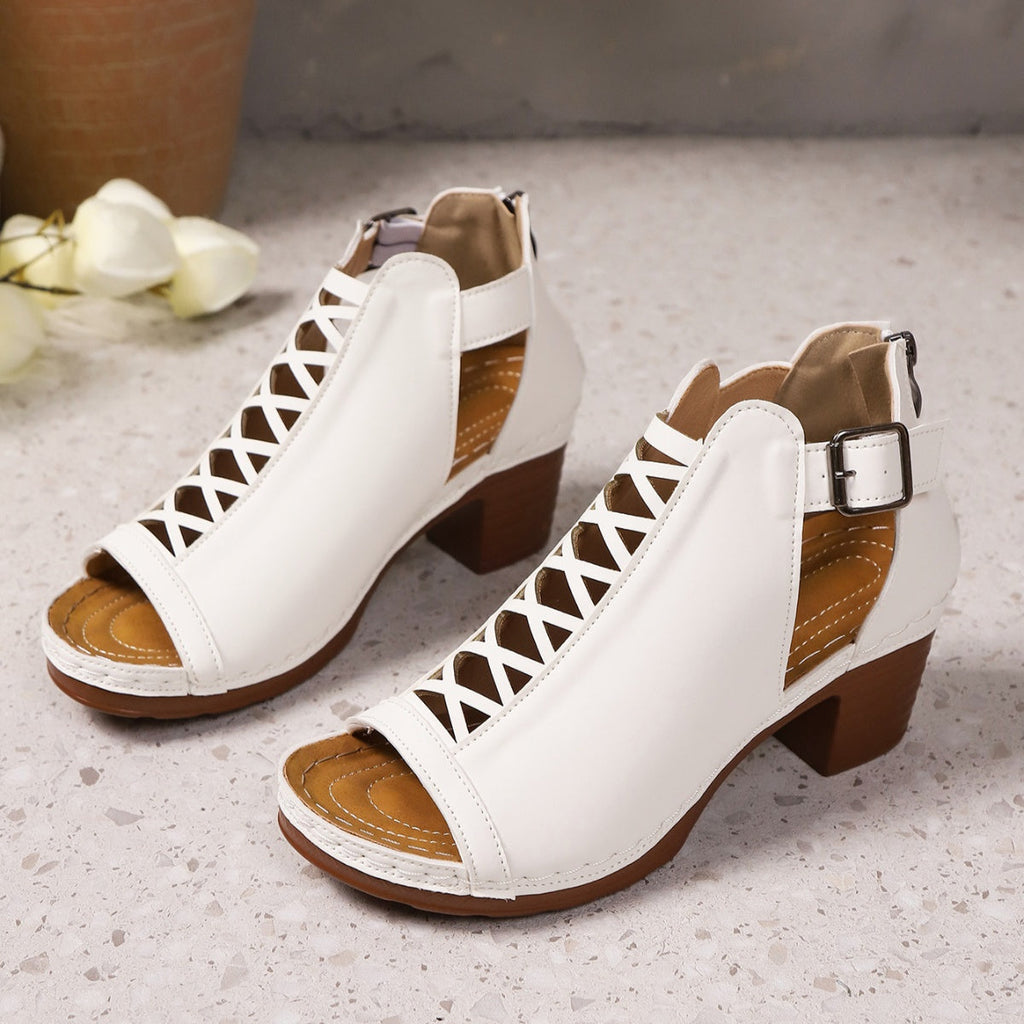 Women's Open Toe Block Heel Sandals | PU Leather High Heel Shoes