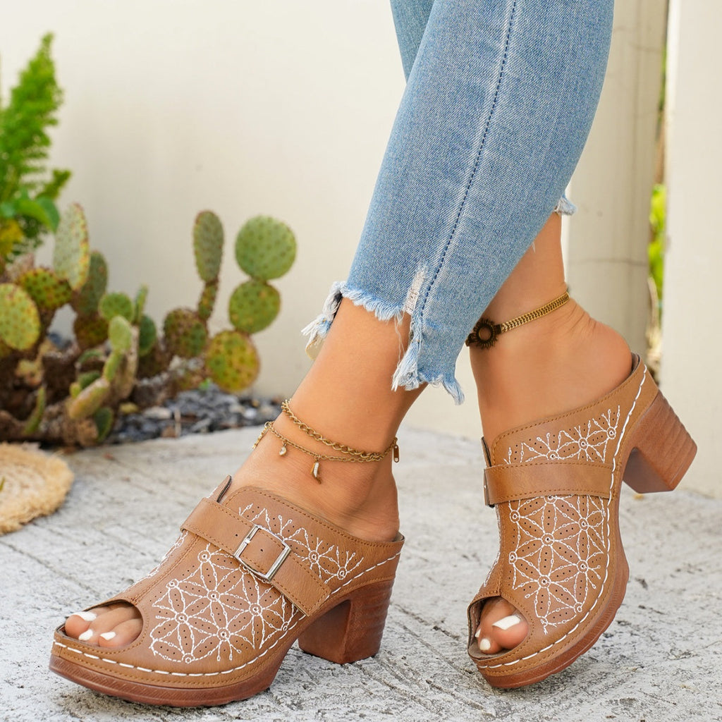 Women's Buckle Decor Block Heel Sandals – PU Leather Mid Heel