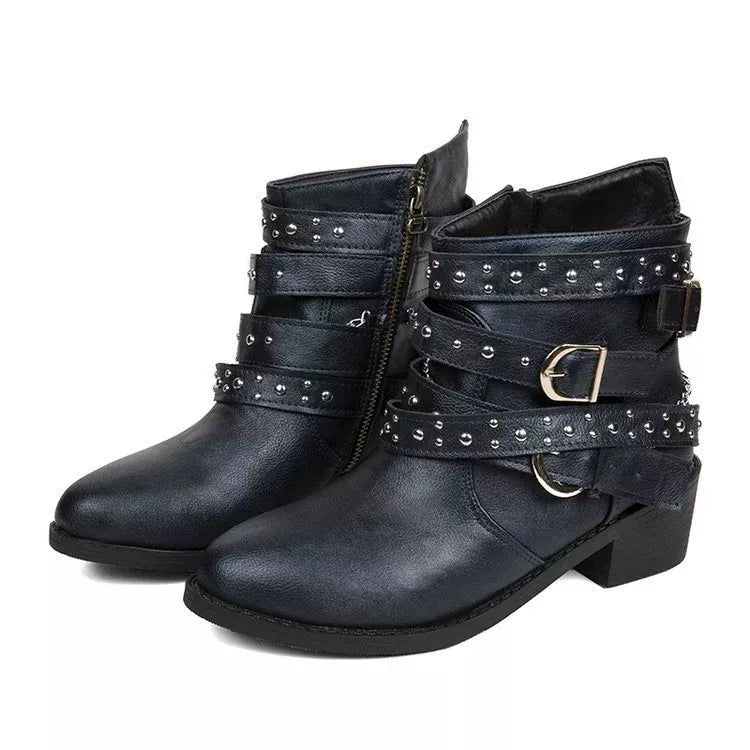 Women's Studded Buckle Ankle Boots – PU Leather Low Heel | 4 Colors