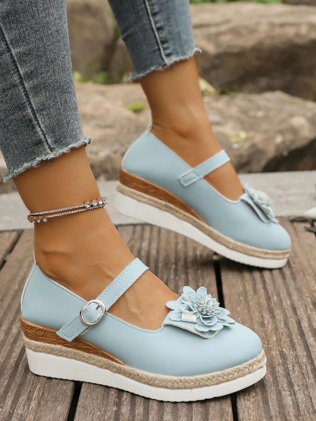 Women's Flower Embellished Mary Jane Loafers | Low Heel PU Leather Shoes