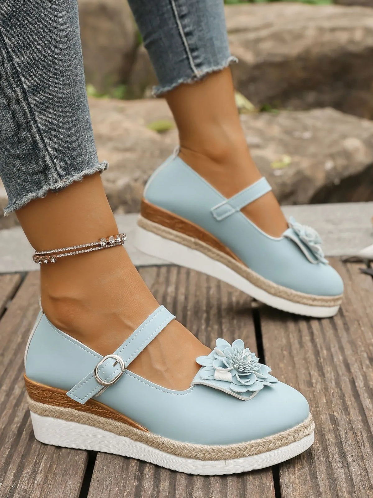 Women's Flower Embellished Mary Jane Loafers | Low Heel PU Leather Shoes