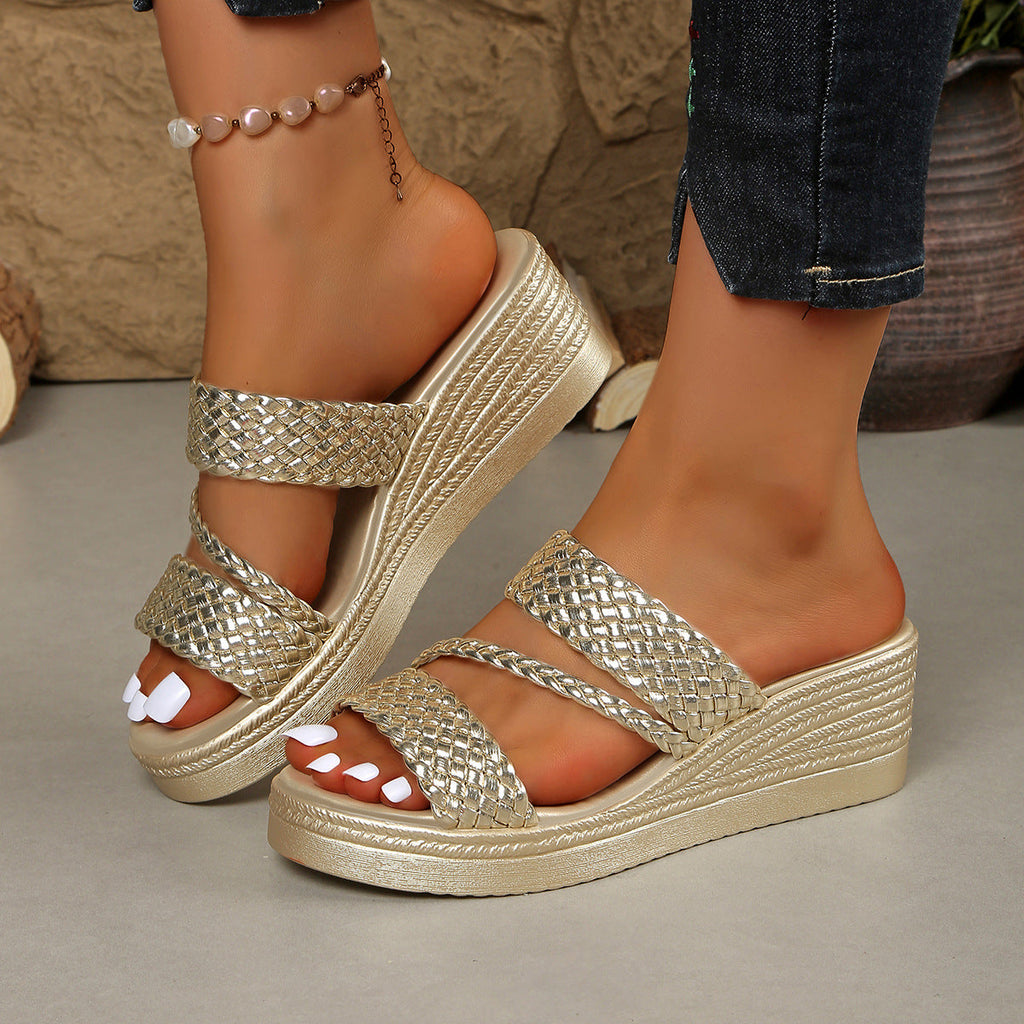 Women's Open Toe Wedge Sandals | PU Leather Mid Heel Platform Shoes