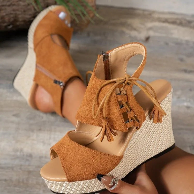 Women's Peep Toe Wedge Sandals – Lace-Up Tassel Suede Platform Heels
