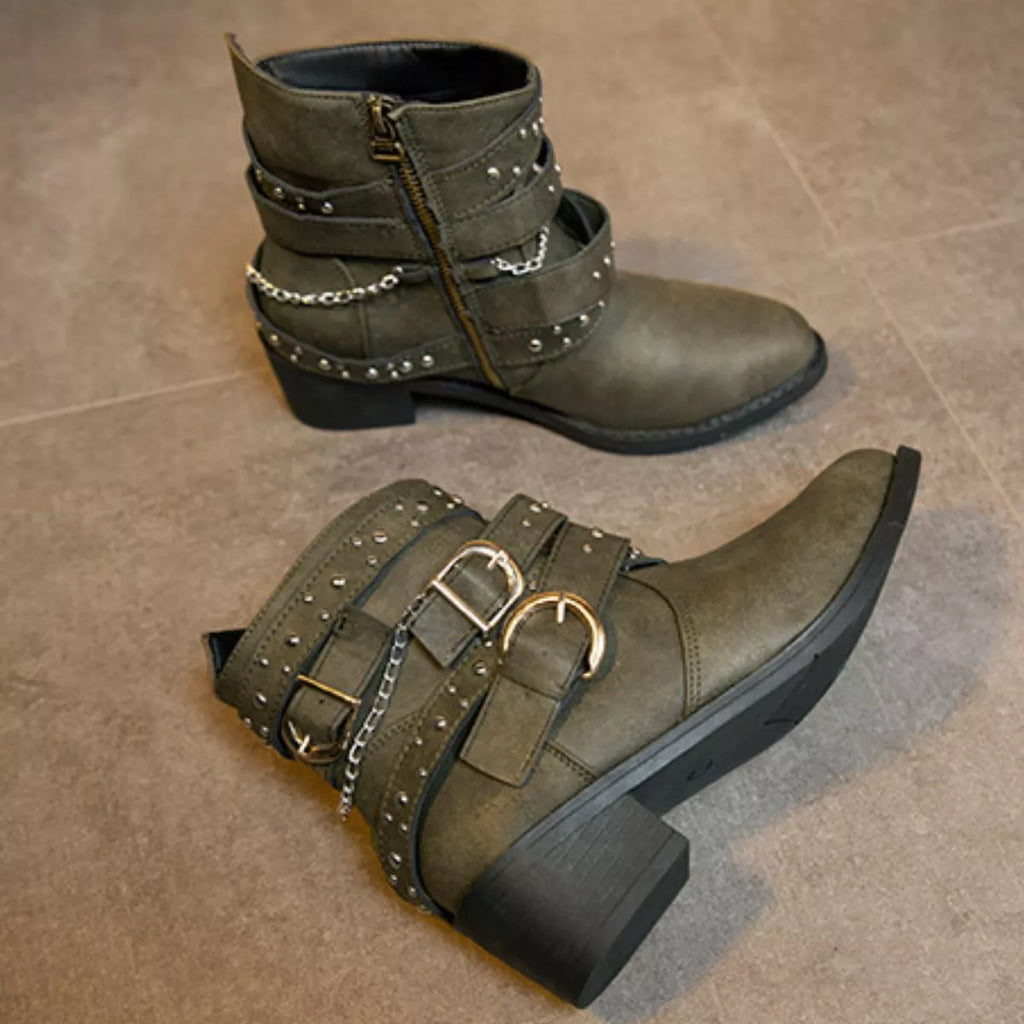 Women's Studded Buckle Ankle Boots – PU Leather Low Heel | 4 Colors