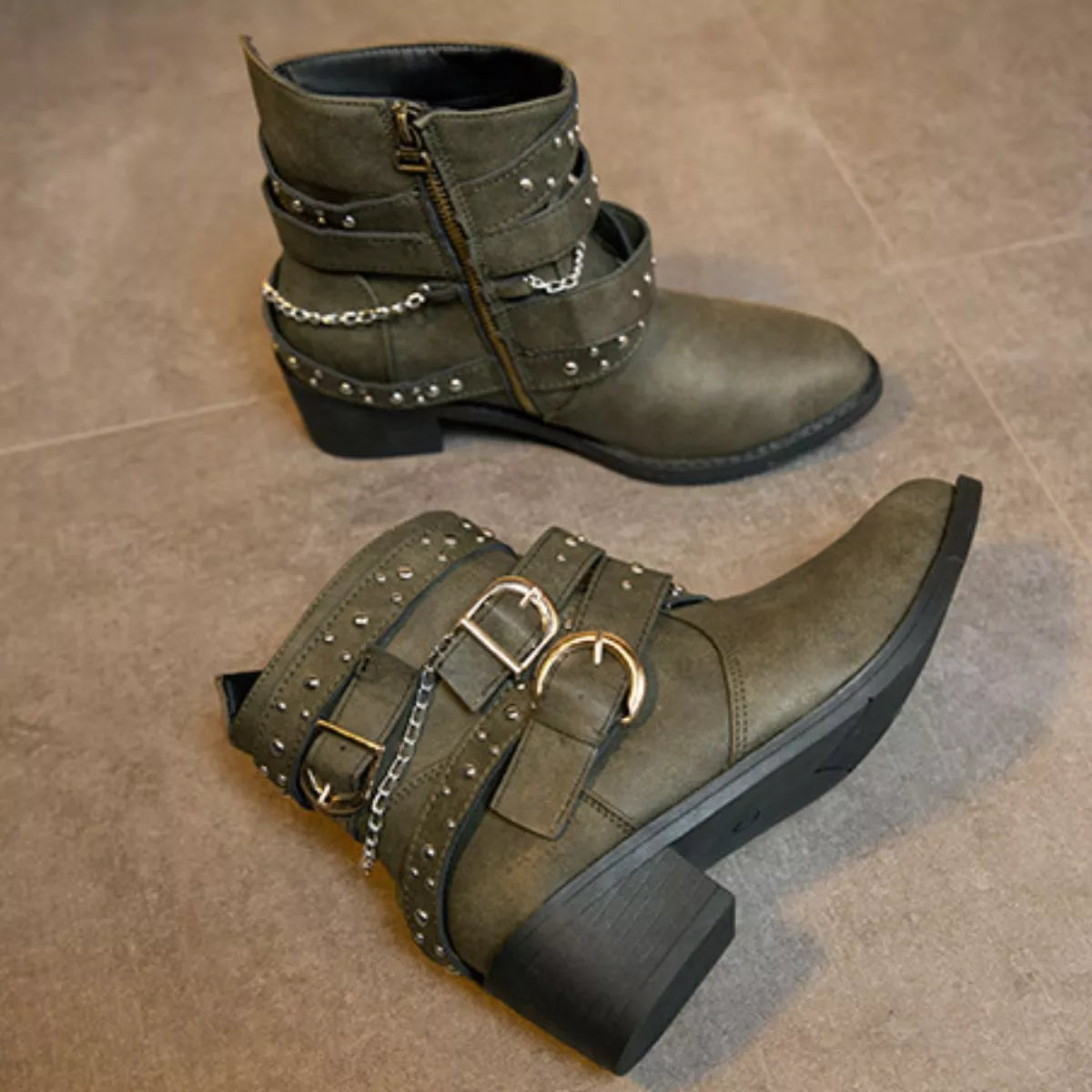 Women's Studded Buckle Ankle Boots – PU Leather Low Heel | 4 Colors