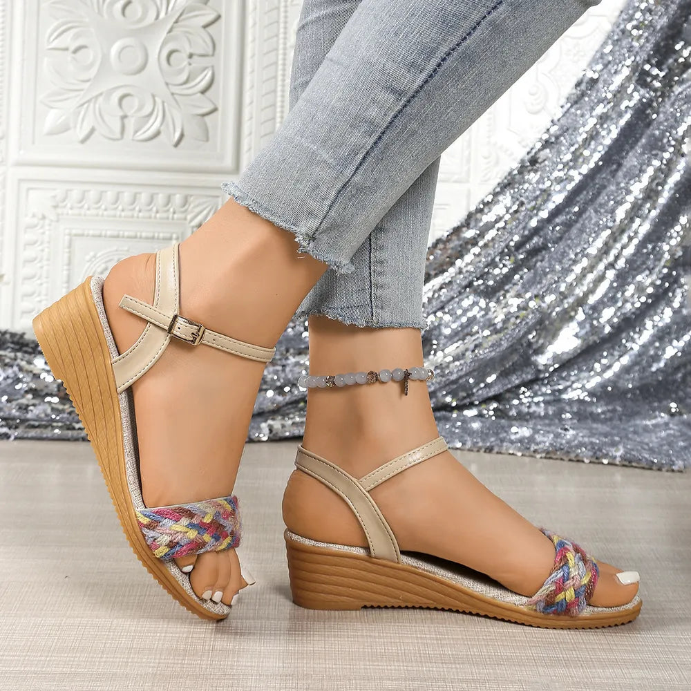 Women's Ankle Strap Wedge Sandals – Low Heel PU Leather Summer Sandals