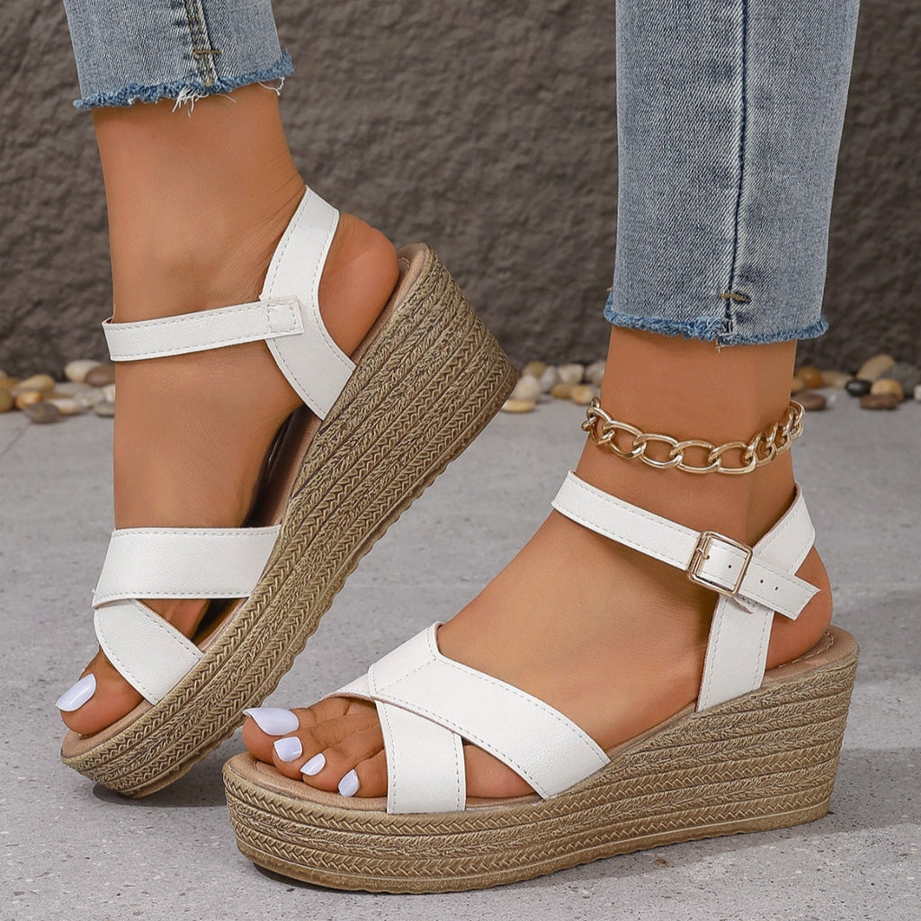 Women's Open Toe Wedge Sandals – Mid Heel PU Leather