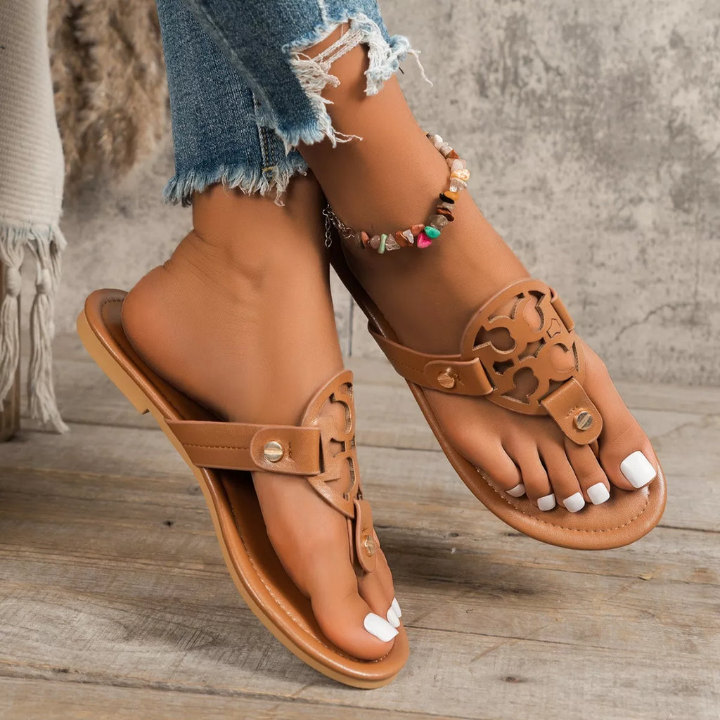 Women's Toe Post Flat Sandals | PU Leather Summer Flip Flop Style