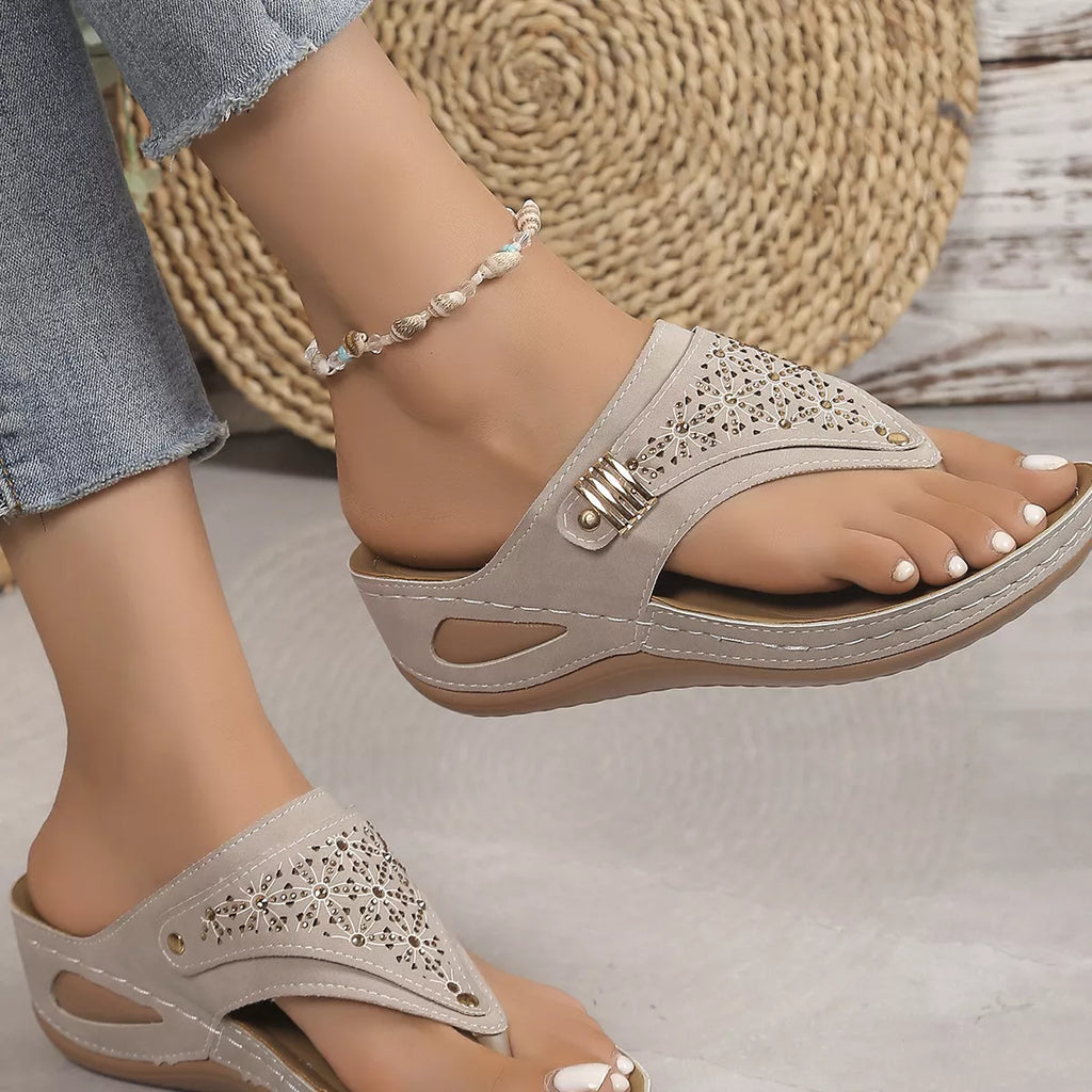 Women's Toe Post Wedge Sandals | Rhinestone Mid Heel Summer Shoes