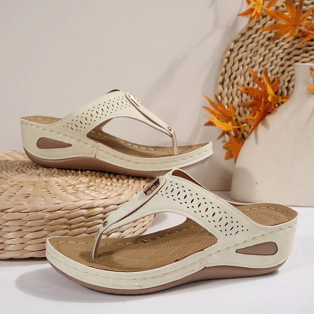 Women's Toe Post Wedge Sandals | PU Leather Low Heel Summer Shoes