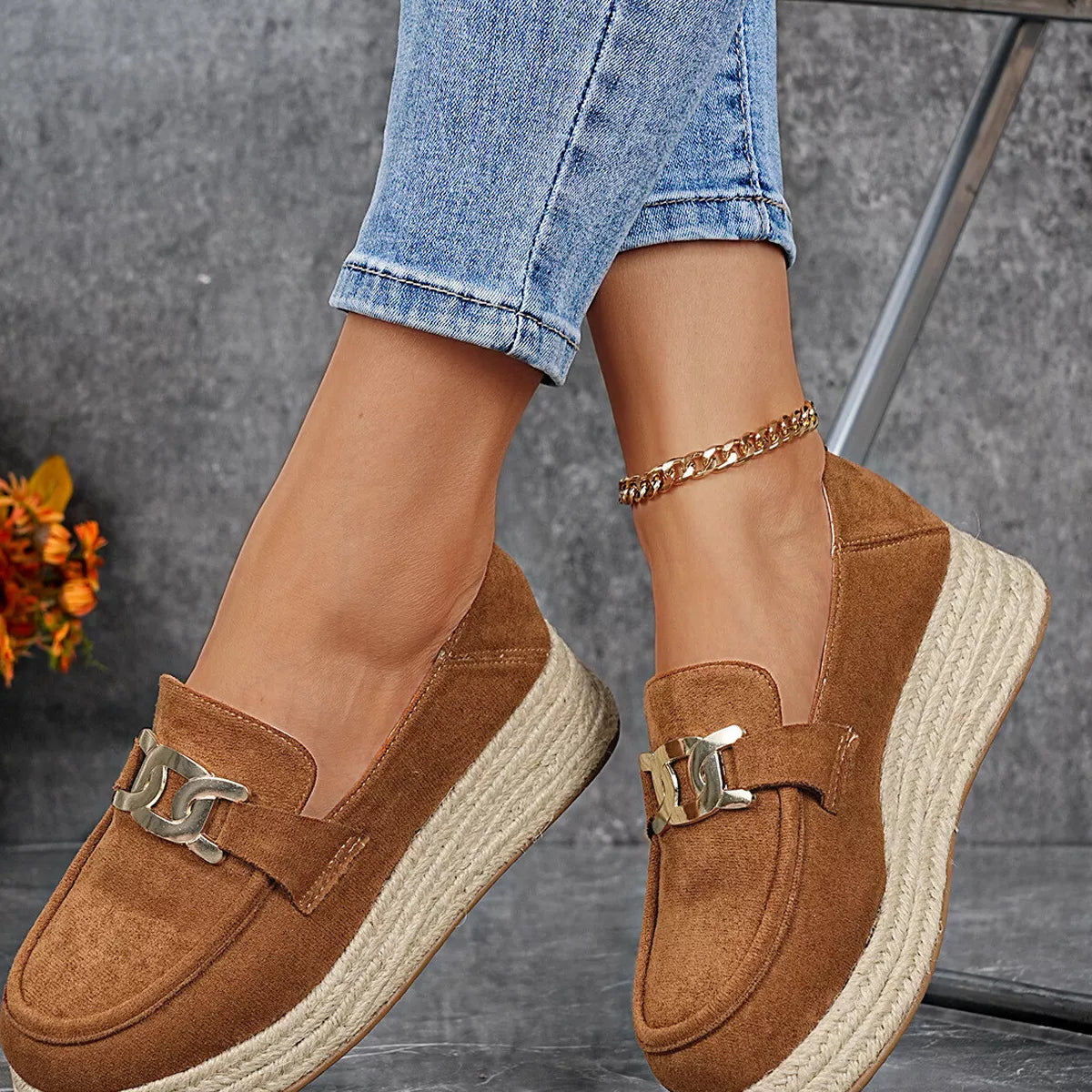 Women’s Round Toe Platform Slip-On Loafers – Suede Flat Shoes | Apricot & Brown