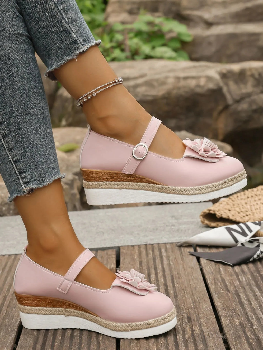 Women's Flower Embellished Mary Jane Loafers | Low Heel PU Leather Shoes