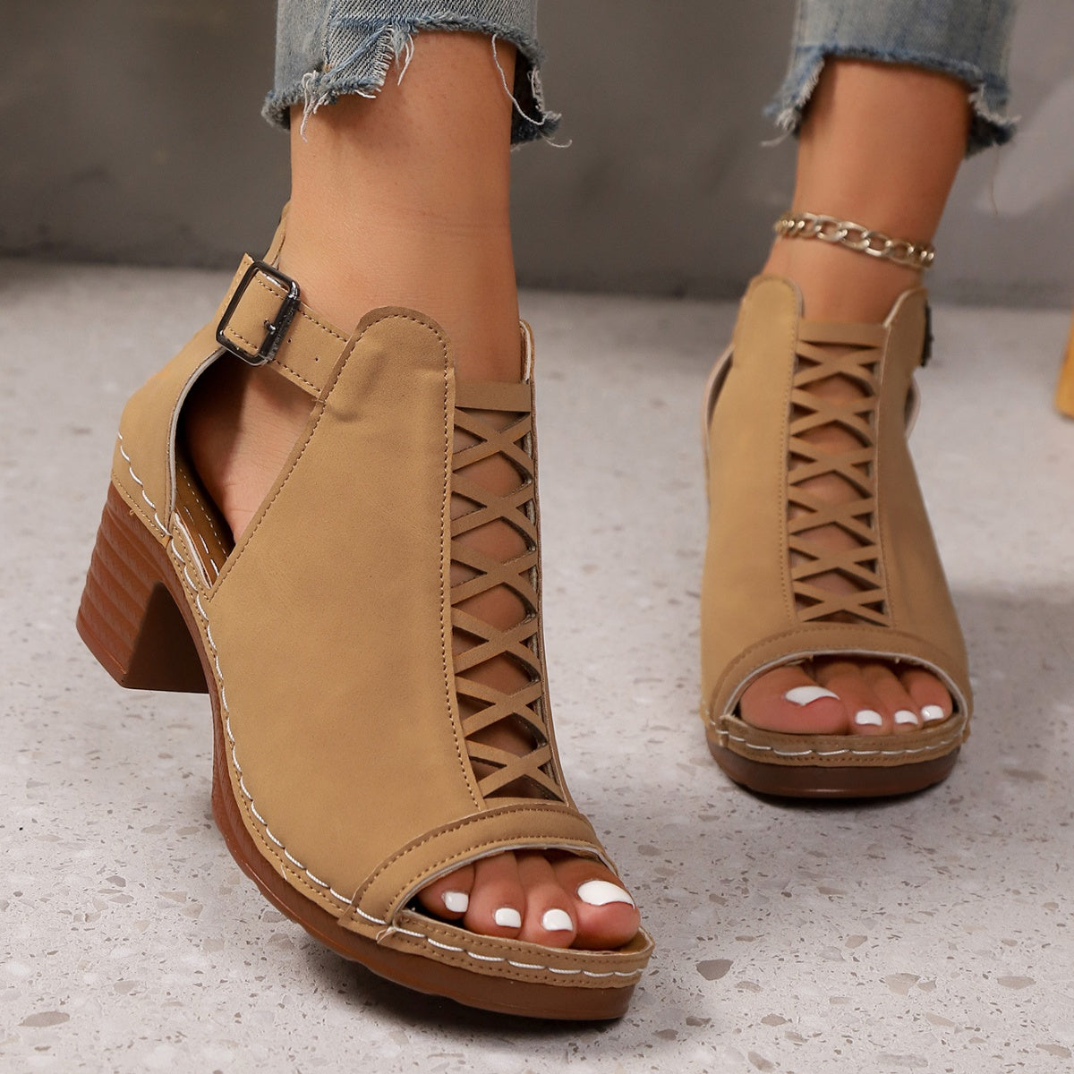 Women's Open Toe Block Heel Sandals | PU Leather High Heel Shoes