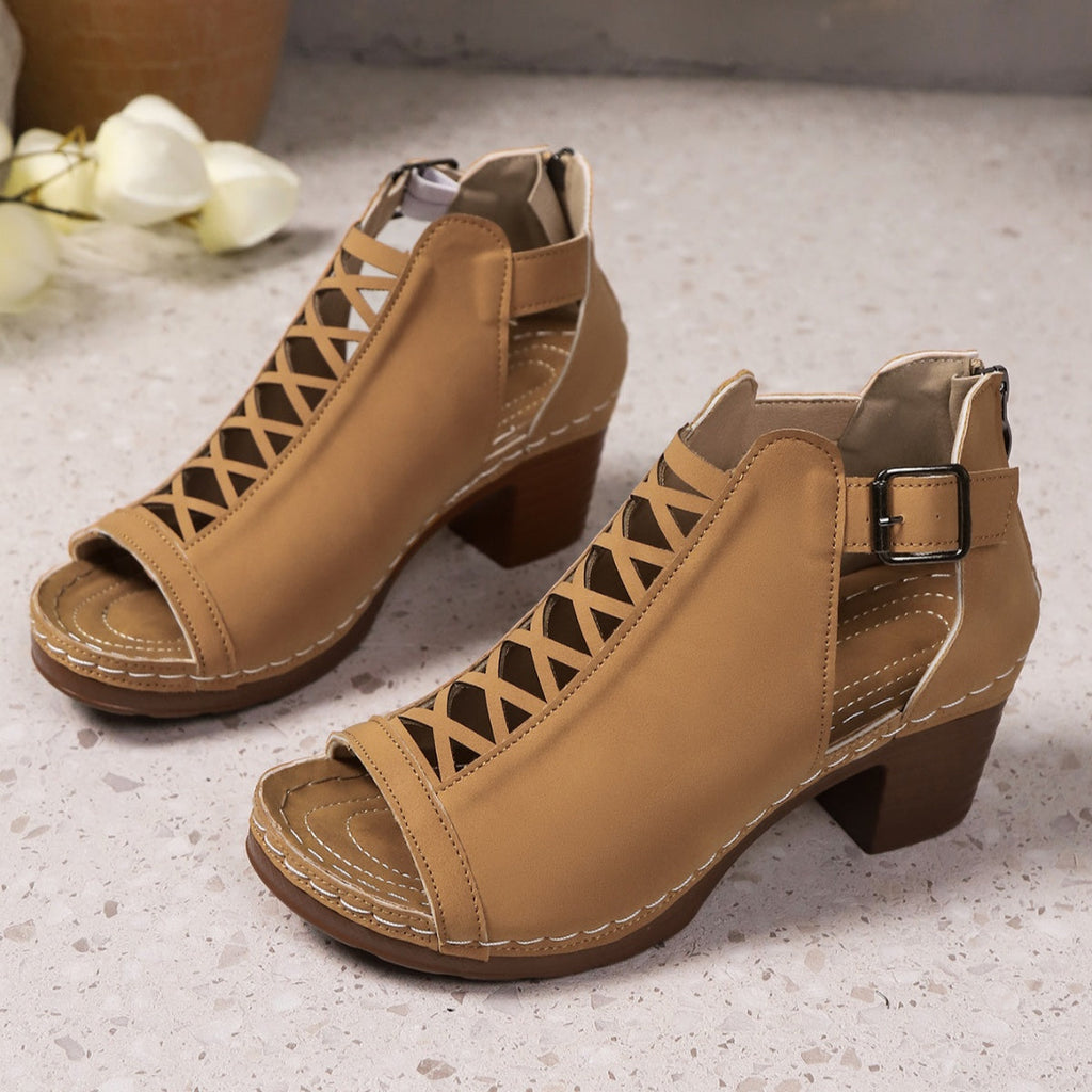 Women's Open Toe Block Heel Sandals | PU Leather High Heel Shoes