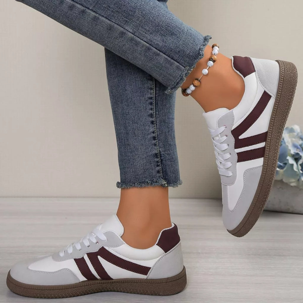 Women’s Striped Lace-Up Casual Sneakers – Suede Flat Fashion Shoes | Brown & Pink
