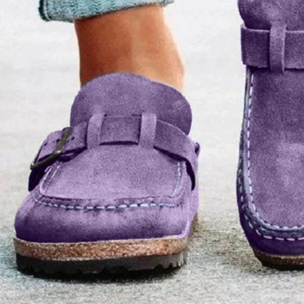 Women's Round Toe Low Heel Buckle Loafers | PU Leather Casual Shoes