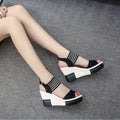 Women's Contrast Platform Wedge Sandals – Mid Heel Mesh & Suede