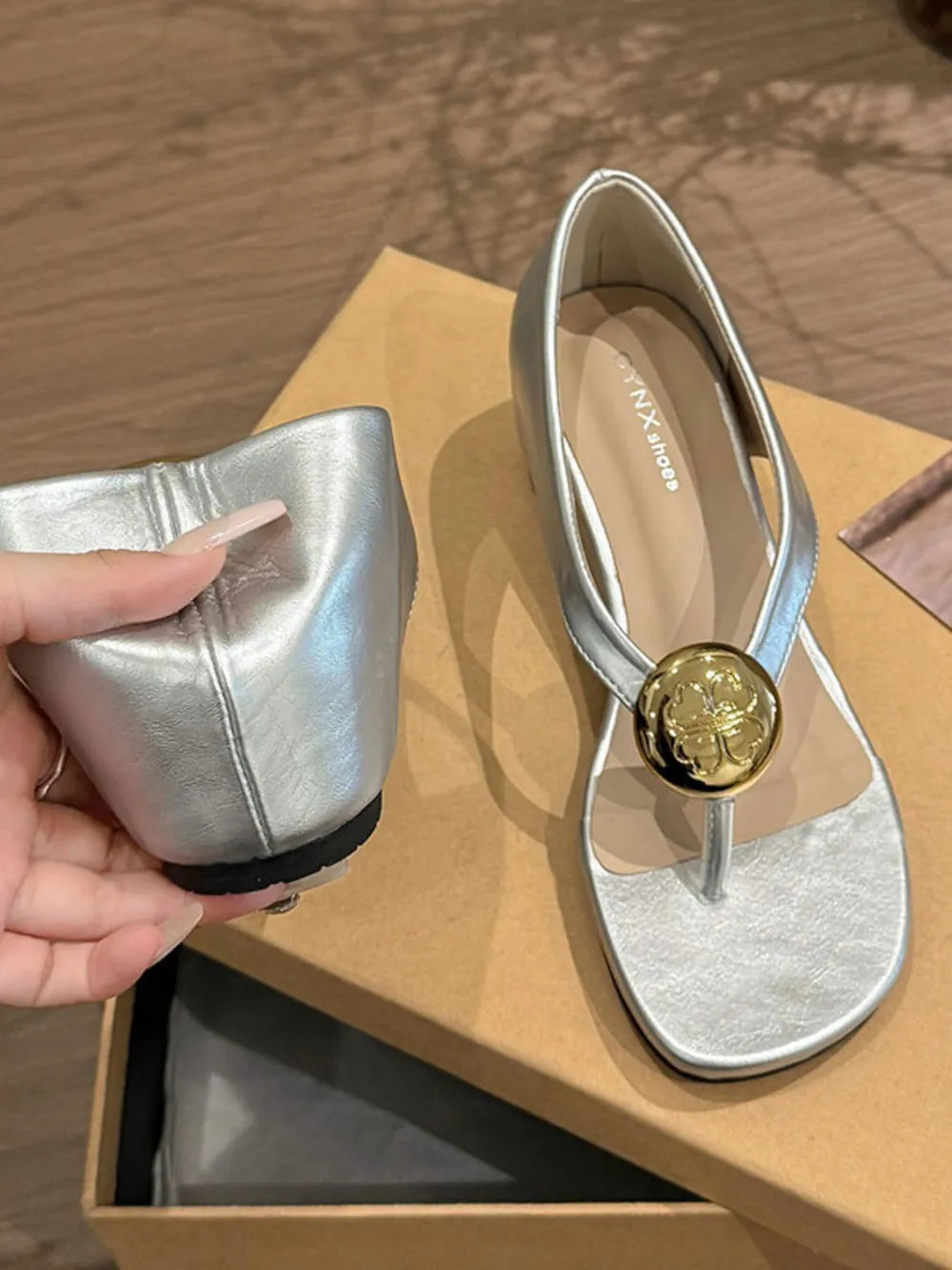Women's Toe Post Wedge Sandals – Mid Heel PU Leather