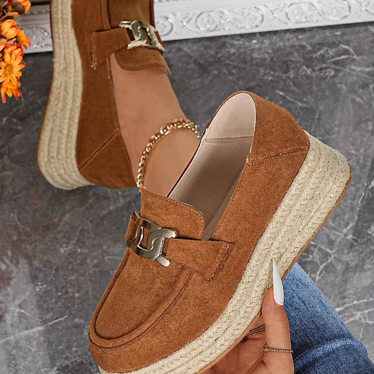 Women’s Round Toe Platform Slip-On Loafers – Suede Flat Shoes | Apricot & Brown