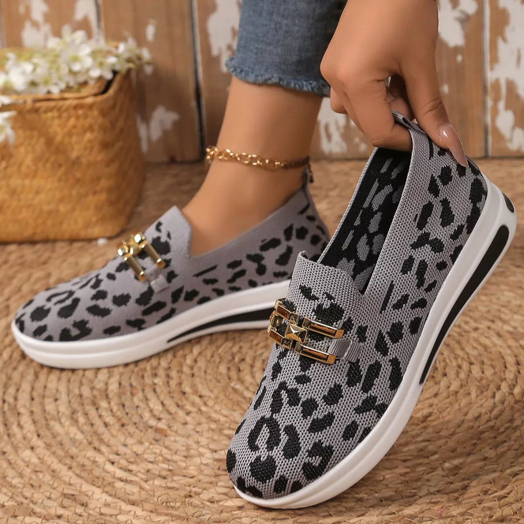 Women's Leopard Print Round Toe Slip-On Sneakers – Breathable Mesh Flats