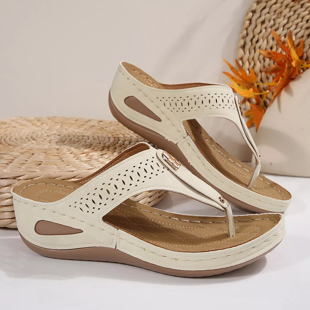Women's Toe Post Wedge Sandals | PU Leather Low Heel Summer Shoes