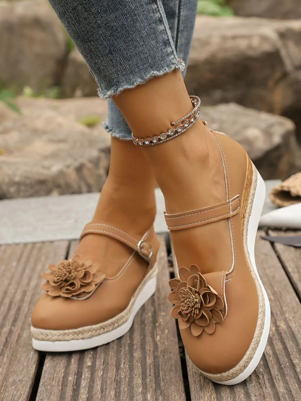 Women's Flower Embellished Mary Jane Loafers | Low Heel PU Leather Shoes