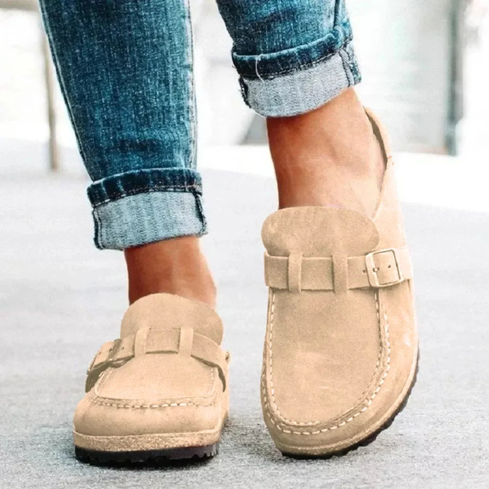 Women's Round Toe Low Heel Buckle Loafers | PU Leather Casual Shoes