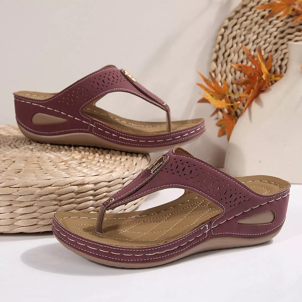 Women's Toe Post Wedge Sandals | PU Leather Low Heel Summer Shoes