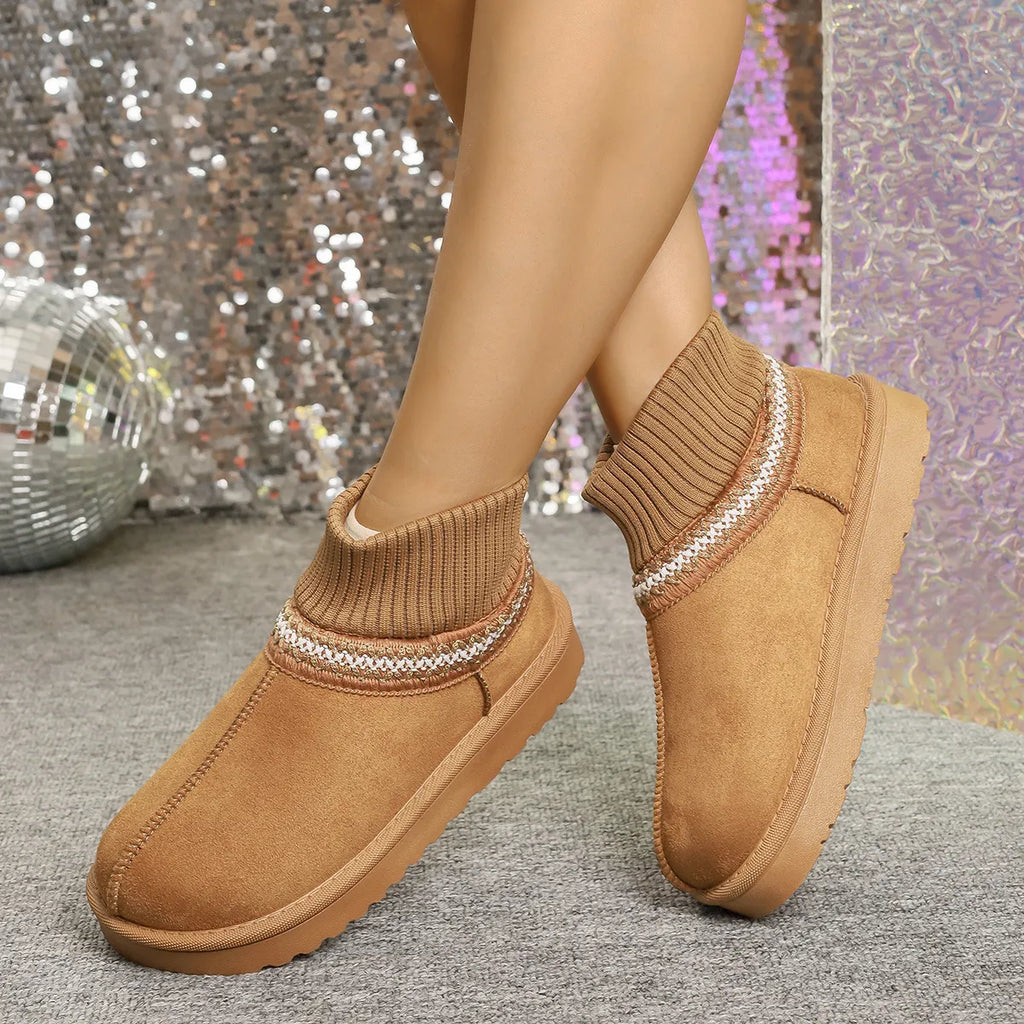Women's Round Toe Platform Boots – Mesh & PU Leather Flat Boots