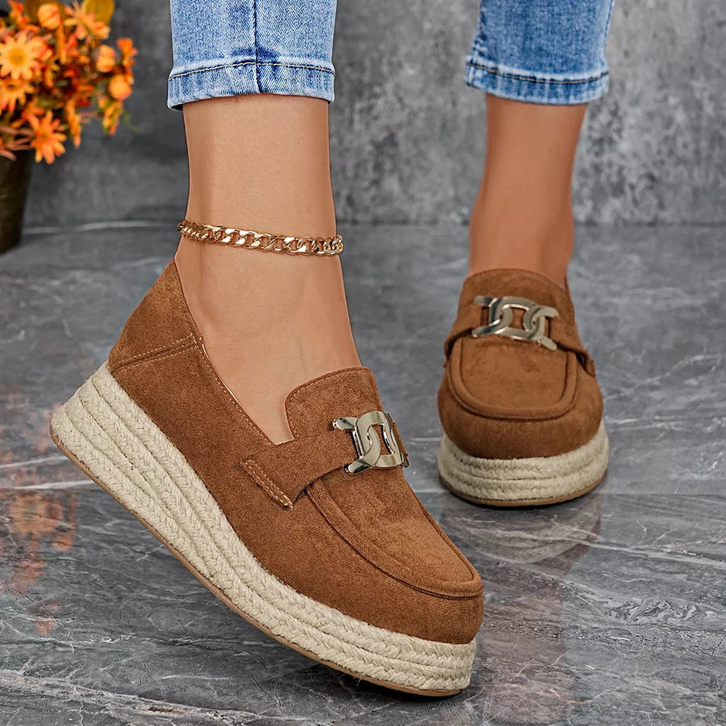 Women’s Round Toe Platform Slip-On Loafers – Suede Flat Shoes | Apricot & Brown