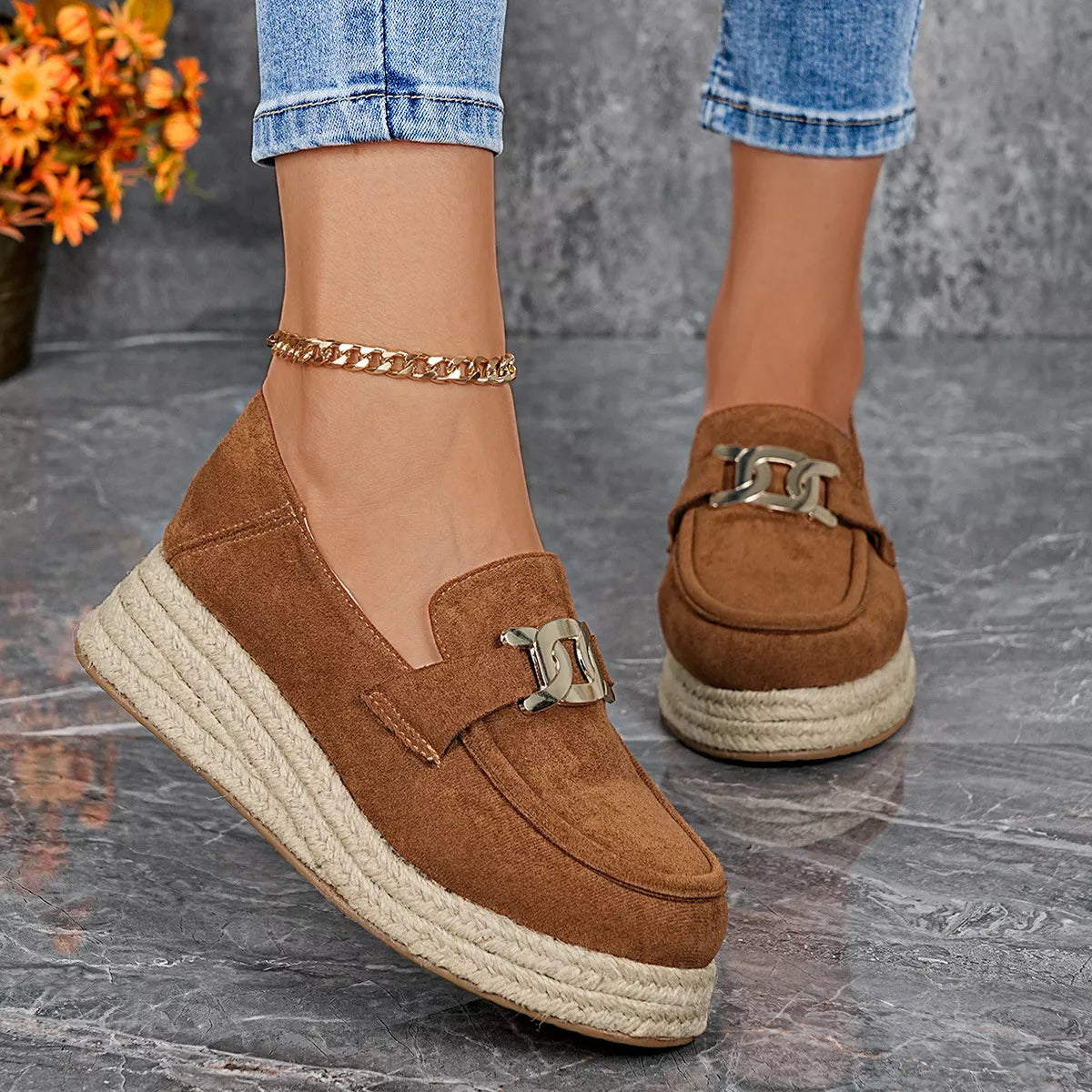 Women’s Round Toe Platform Slip-On Loafers – Suede Flat Shoes | Apricot & Brown