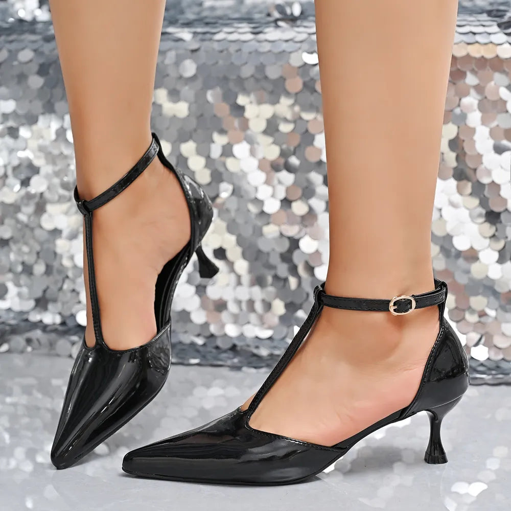 Women's Pointed Toe Kitten Heel Sandals – Mid Heel PU Leather