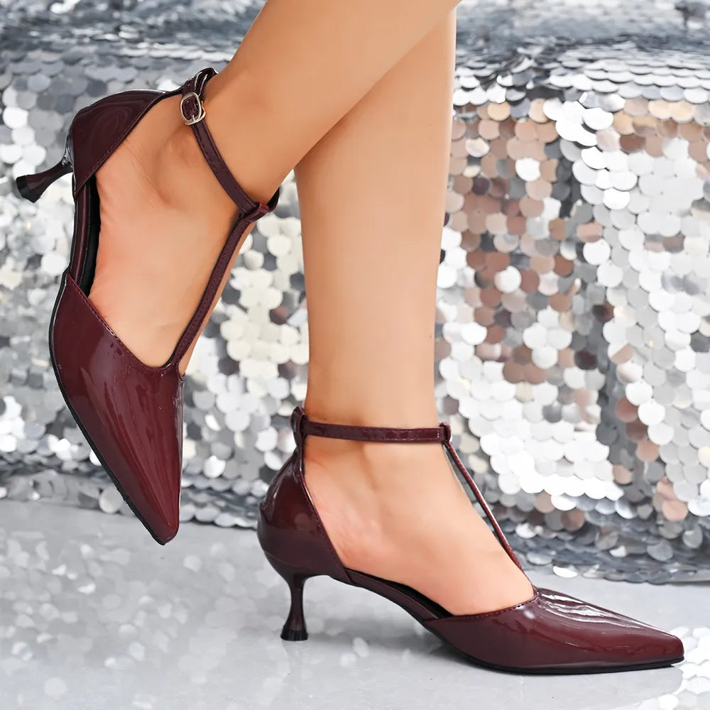 Women's Pointed Toe Kitten Heel Sandals – Mid Heel PU Leather