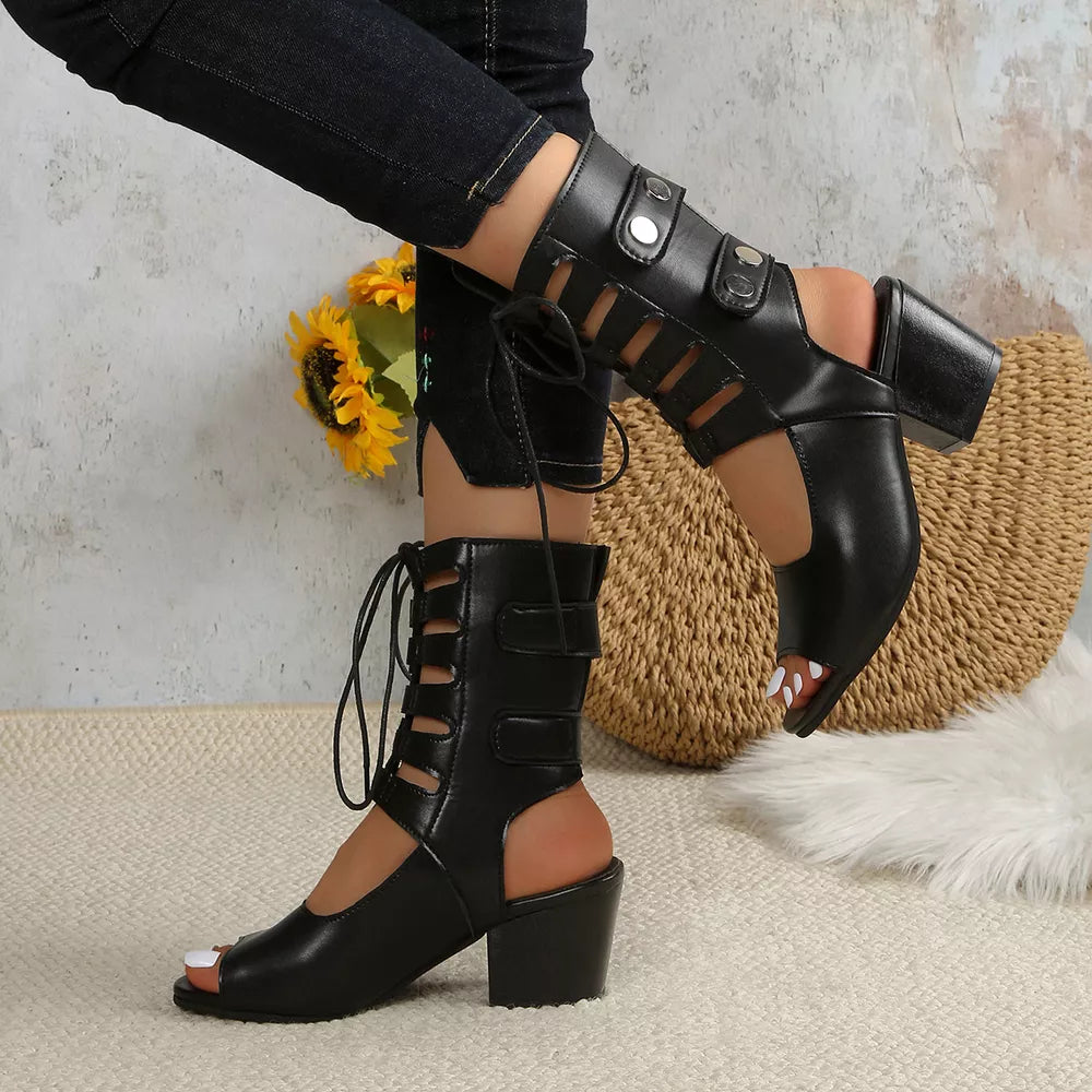 Lace Up Block Heels Sandals – Mid Heel PU Leather