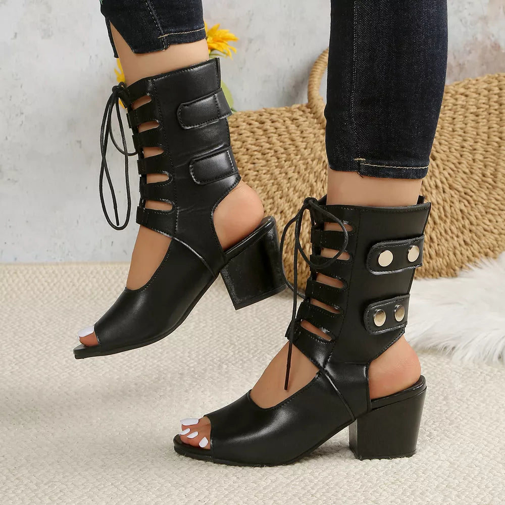 Lace Up Block Heels Sandals – Mid Heel PU Leather