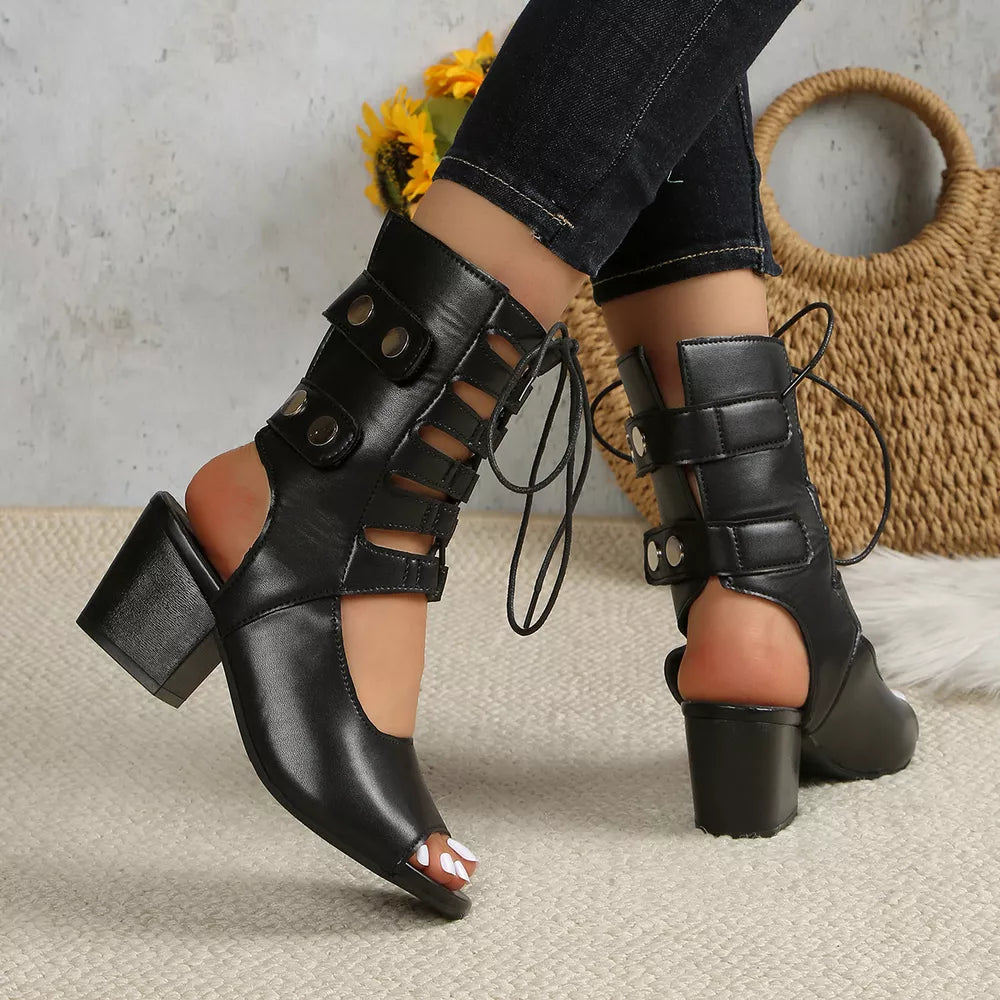Lace Up Block Heels Sandals – Mid Heel PU Leather