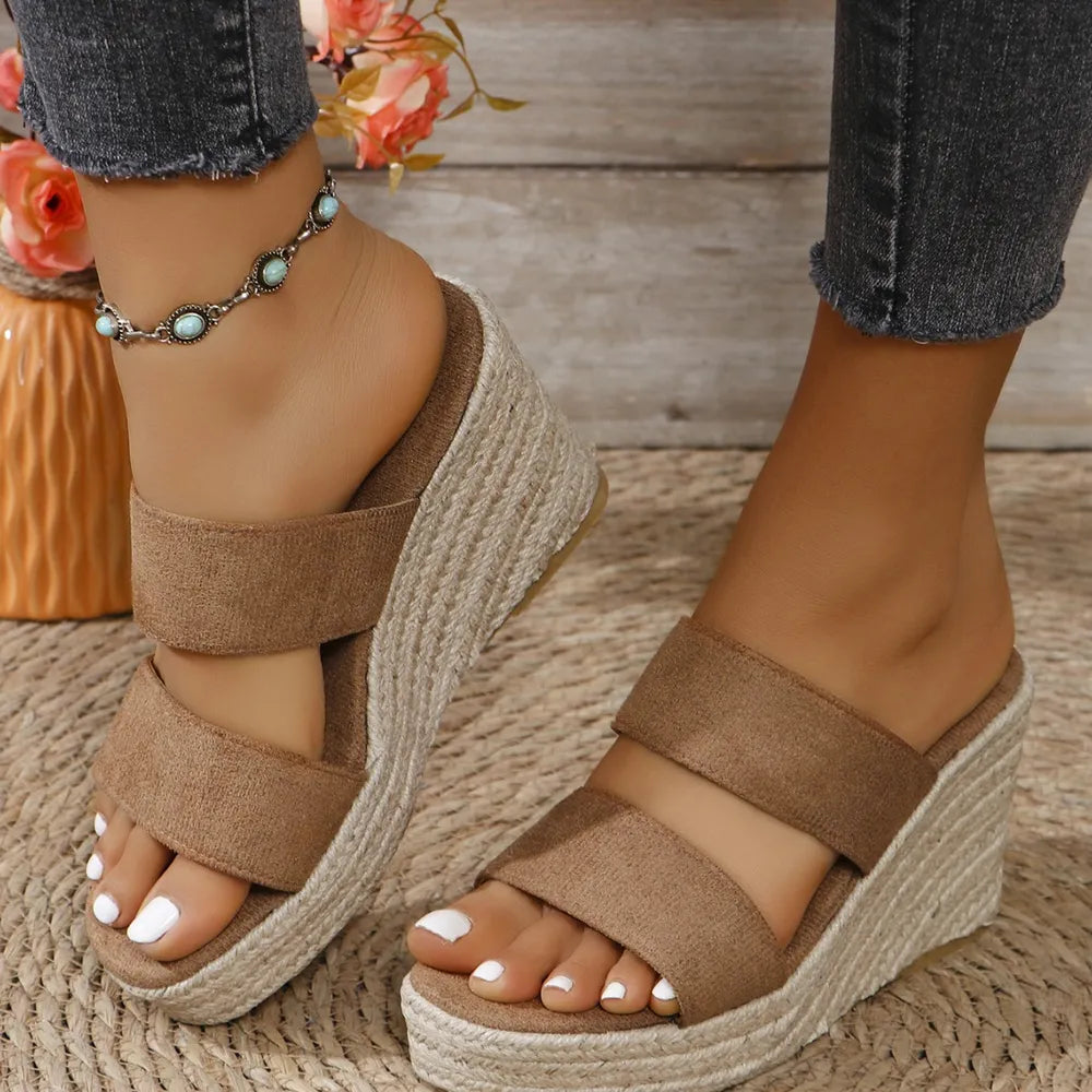 Open Toe Platform Wedge Sandals – Mid Heel Elastomer & Suede