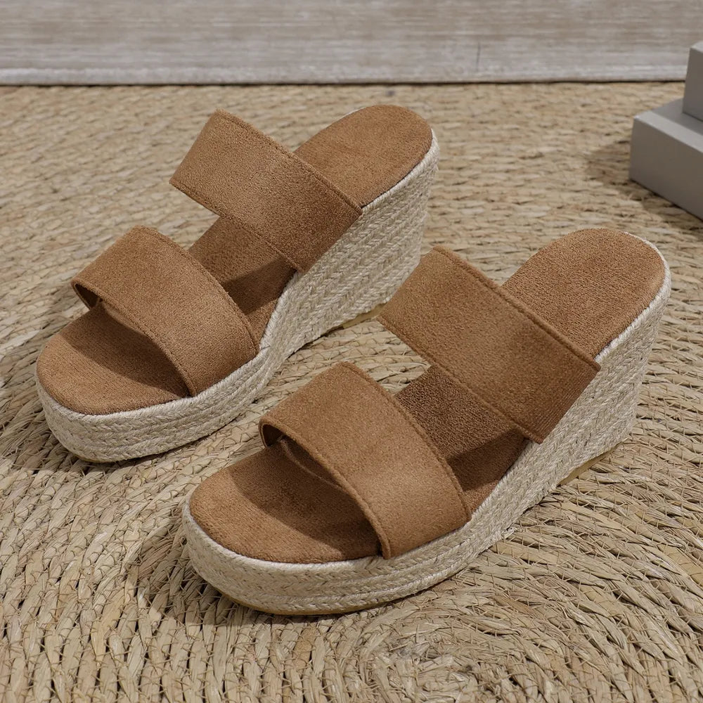 Open Toe Platform Wedge Sandals – Mid Heel Elastomer & Suede