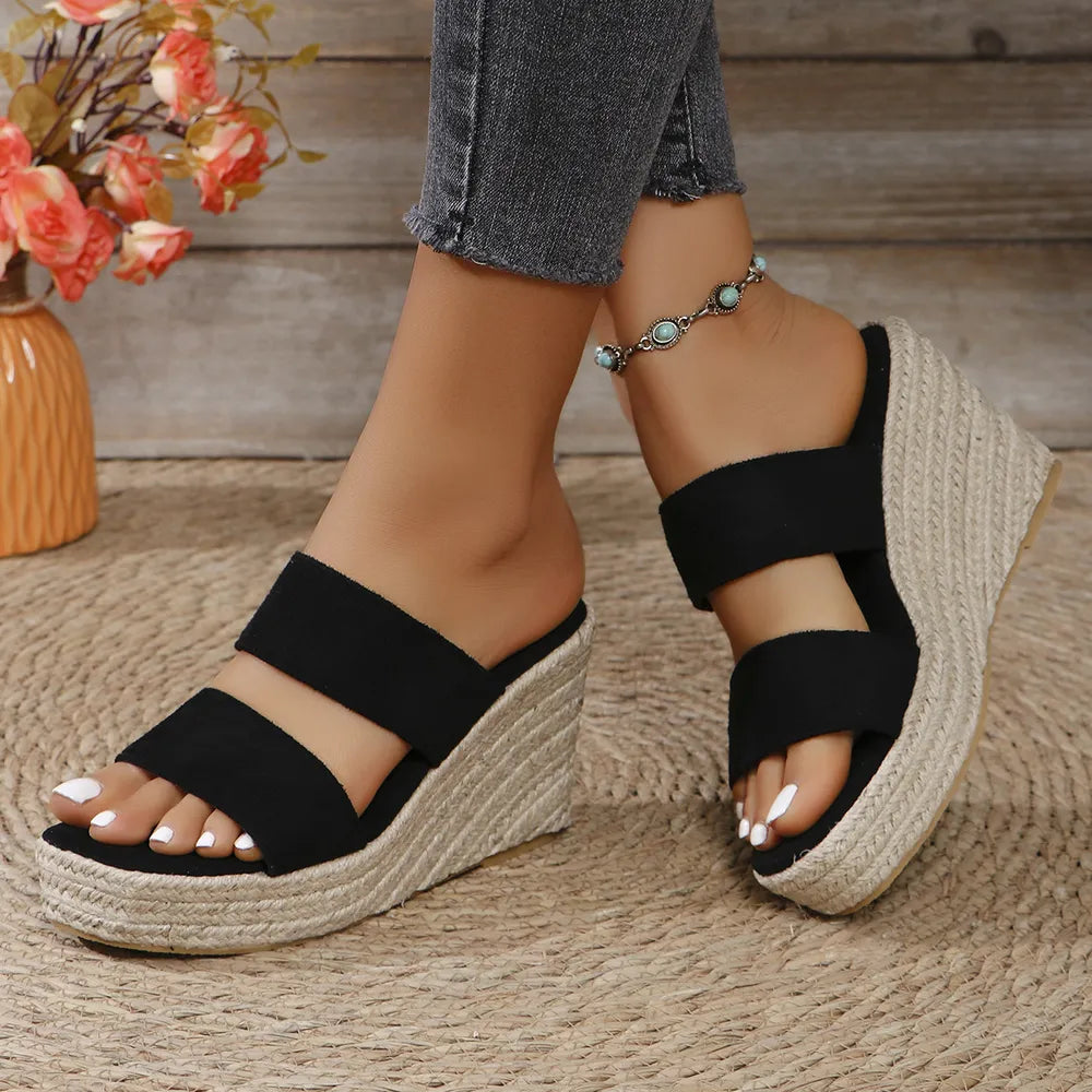 Open Toe Platform Wedge Sandals – Mid Heel Elastomer & Suede