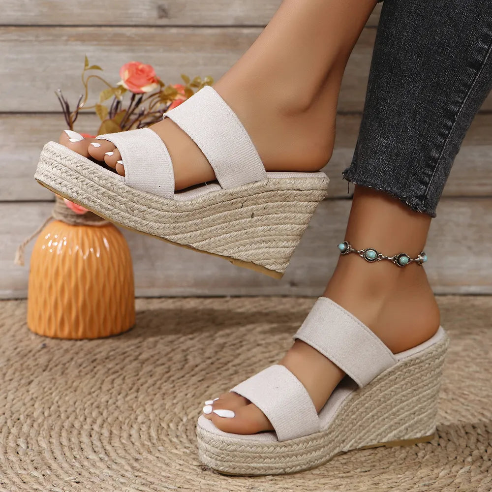 Open Toe Platform Wedge Sandals – Mid Heel Elastomer & Suede