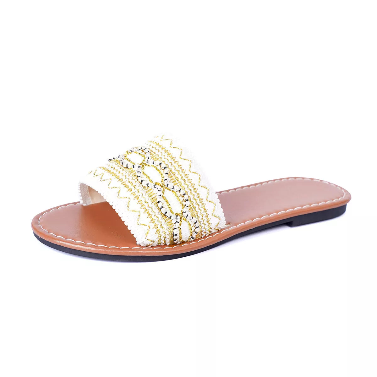 Women's Open Toe Flat Sandals – Polyester Slip-On Mules in White & Black