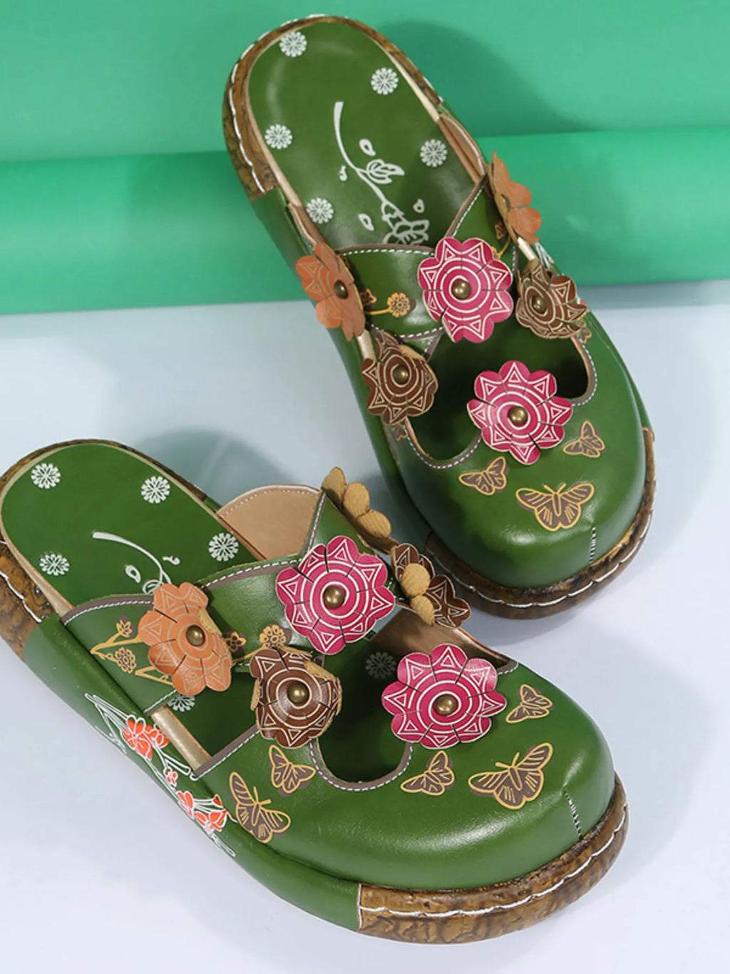 Women's Floral Flat Sandals | PU Leather Open Toe Summer Shoes