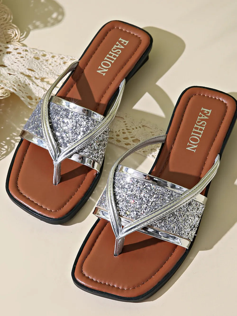 Women's Glitter Cross-Strap Flat Sandals