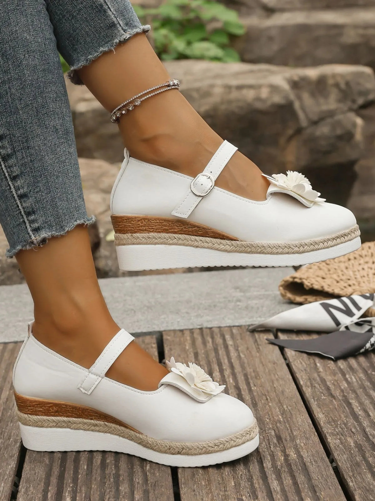 Women's Flower Embellished Mary Jane Loafers | Low Heel PU Leather Shoes