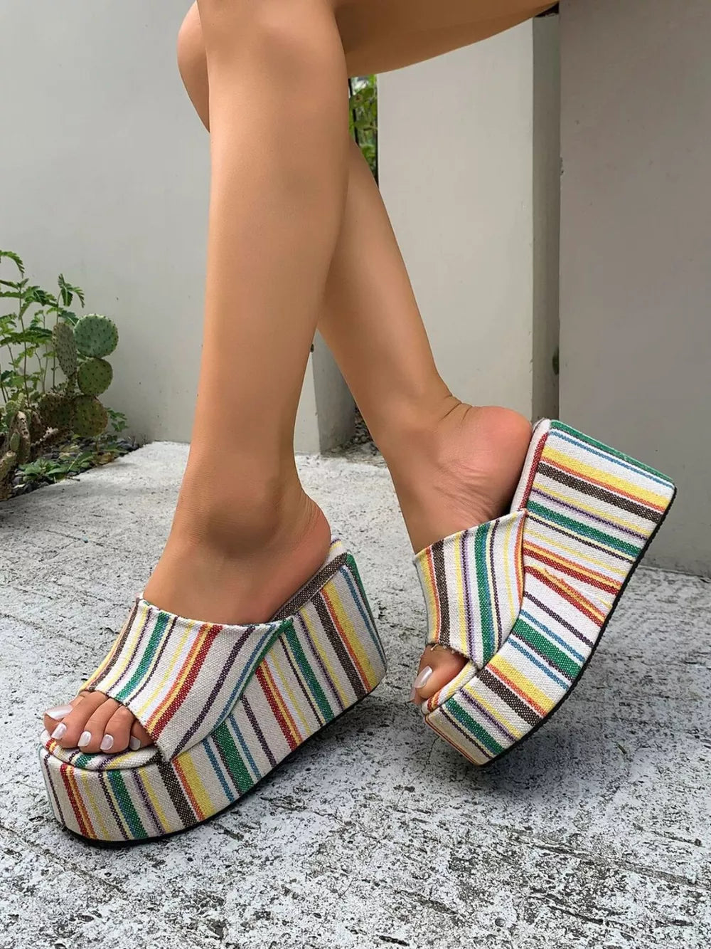 Women's Striped Platform Wedge Sandals – High Heel Canvas & PU