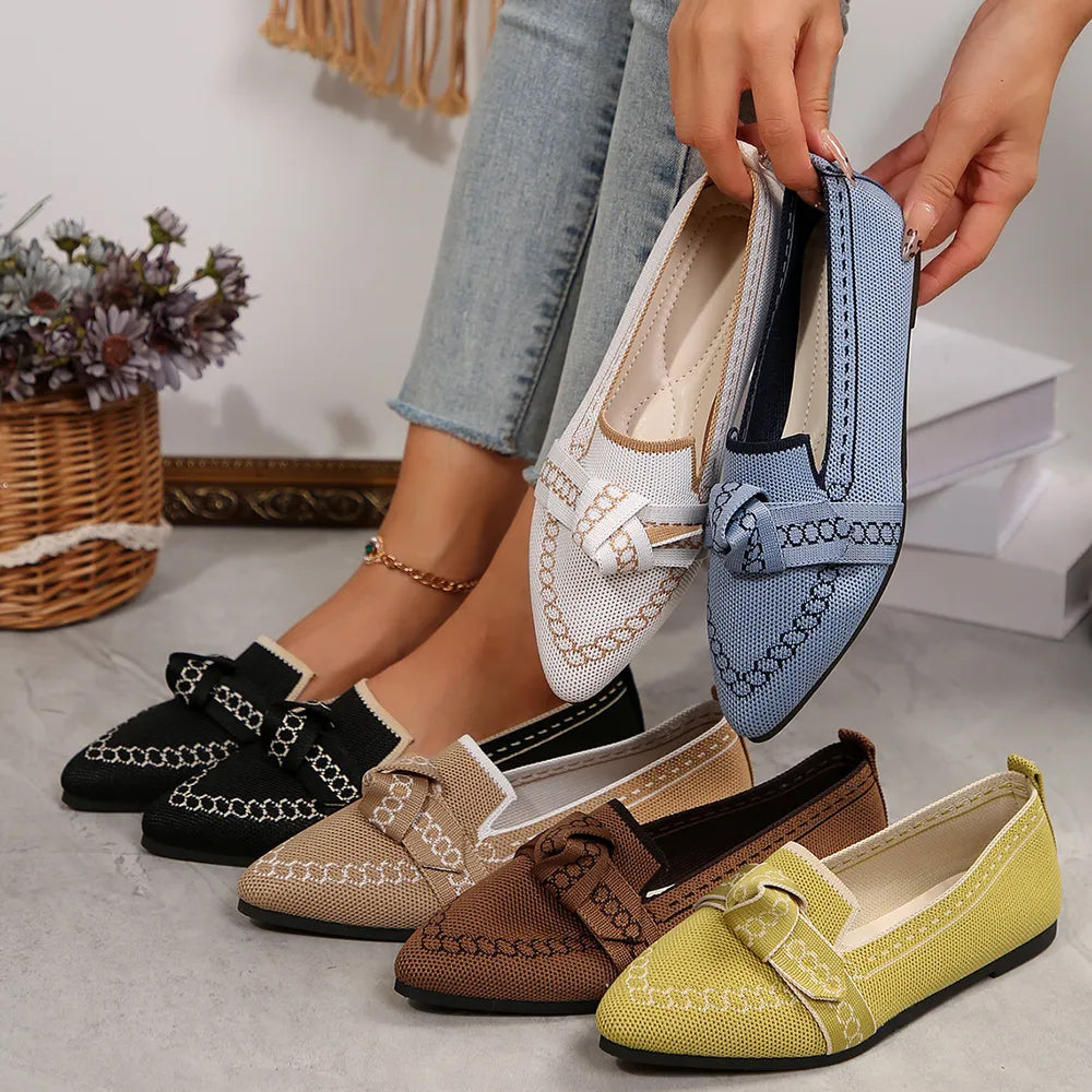 Women's Knitted Slip-On Flats with Bow | Mesh Comfort Shoes